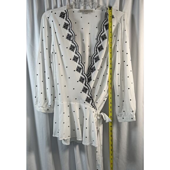Loft Scalloped Polka Dot Wrap Blouse, White & Black, Sz: M, 80-32 - Picture 9 of 15